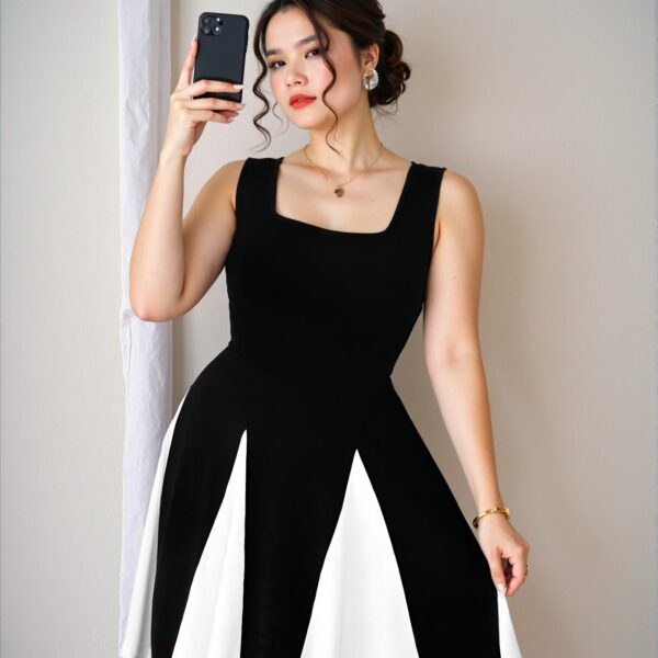Elegant Black and White Contrast V-Neck Backless Bodycon Dress with Cinched Waist for Birthdays, Night Out, and Business Casual Events - Chic, Classy and Trendy Fashion Style to Dress to Impress