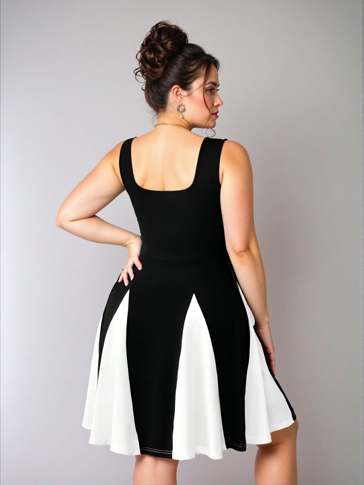 Elegant Black and White Contrast V-Neck Backless Bodycon Dress with Cinched Waist for Birthdays, Night Out, and Business Casual Events - Chic, Classy and Trendy Fashion Style to Dress to Impress - Image 2