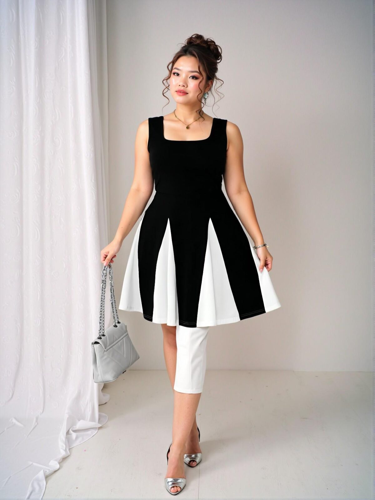Elegant Black and White Contrast V-Neck Backless Bodycon Dress with Cinched Waist for Birthdays, Night Out, and Business Casual Events - Chic, Classy and Trendy Fashion Style to Dress to Impress - Image 4