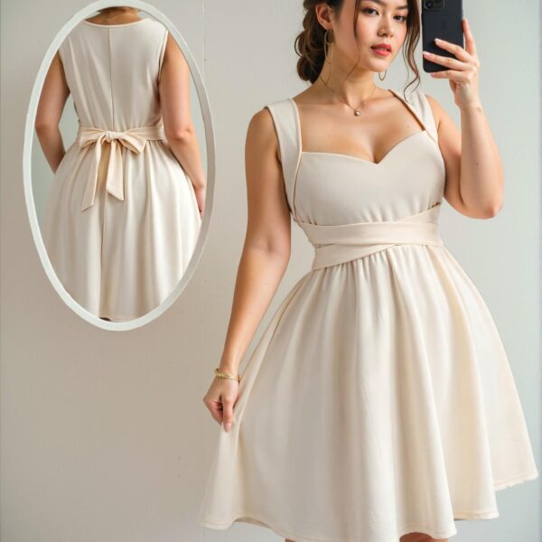 Elegant Apricot Stylish Sweetheart Neck Crisscross Tied Bow Ruffle Hem Sleeveless Mini Dress for Spring and Summer "Chic, Classy and Trendy Fashion Style to Dress to Impress"