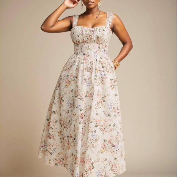 Elegant White Floral High Waist Cami Dress with Tie Back and Pockets for Casual Outings, Special Events, and Summer Vacations - Chic, Classy and Trendy Fashion Style to Dress to Impress
