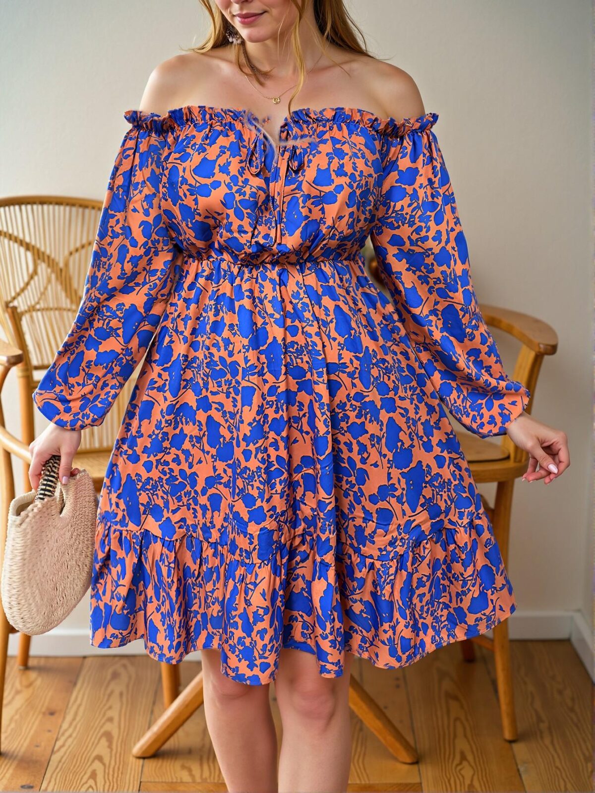 Elegant Orange Bohemian Off-Shoulder Midi Dress with Ruffle Trim for Spring and Summer Getaways - Chic, Classy and Trendy Fashion Style to Dress to Impress