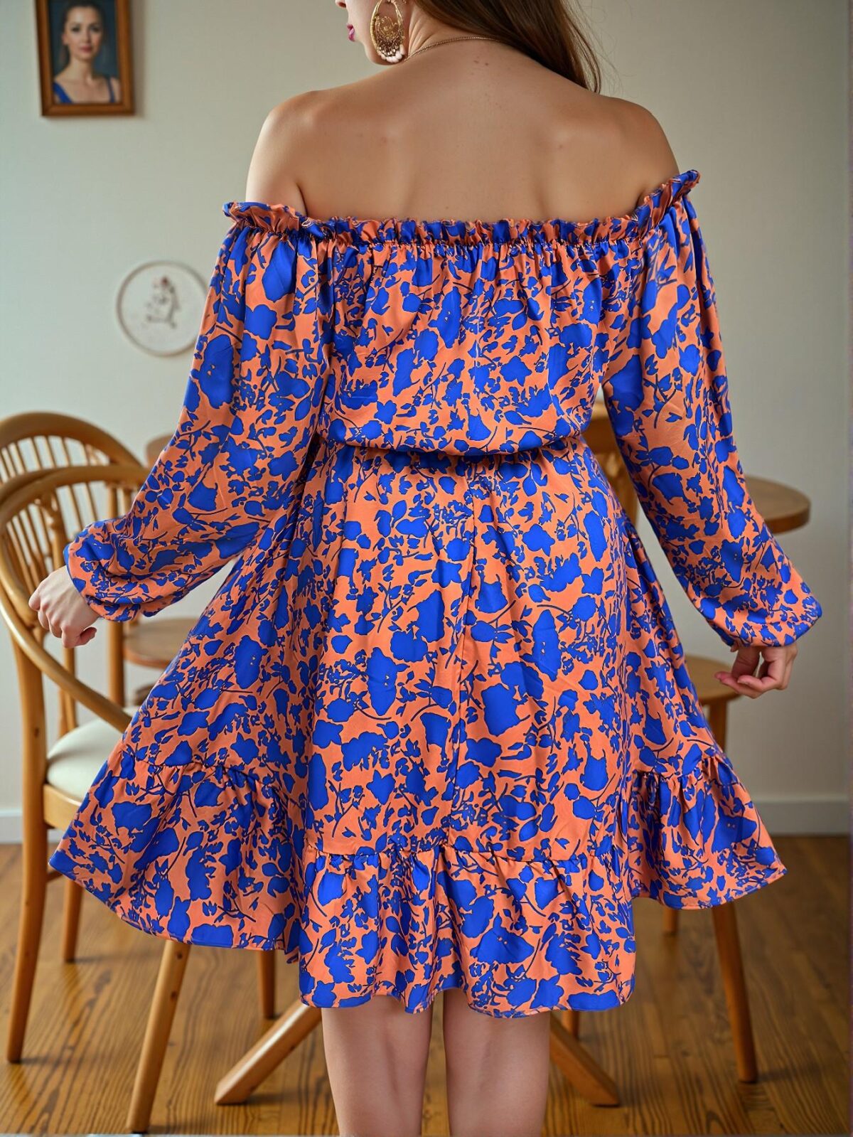 Elegant Orange Bohemian Off-Shoulder Midi Dress with Ruffle Trim for Spring and Summer Getaways - Chic, Classy and Trendy Fashion Style to Dress to Impress - Image 2