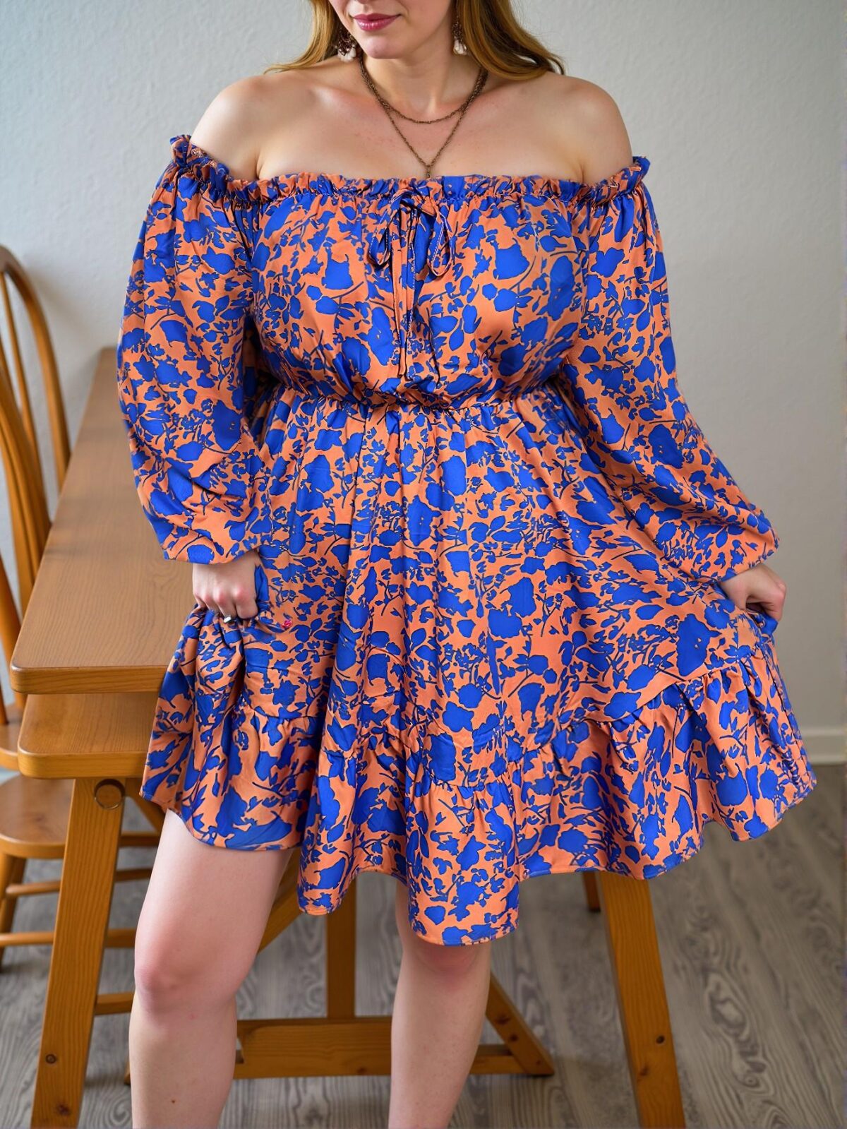 Elegant Orange Bohemian Off-Shoulder Midi Dress with Ruffle Trim for Spring and Summer Getaways - Chic, Classy and Trendy Fashion Style to Dress to Impress - Image 3