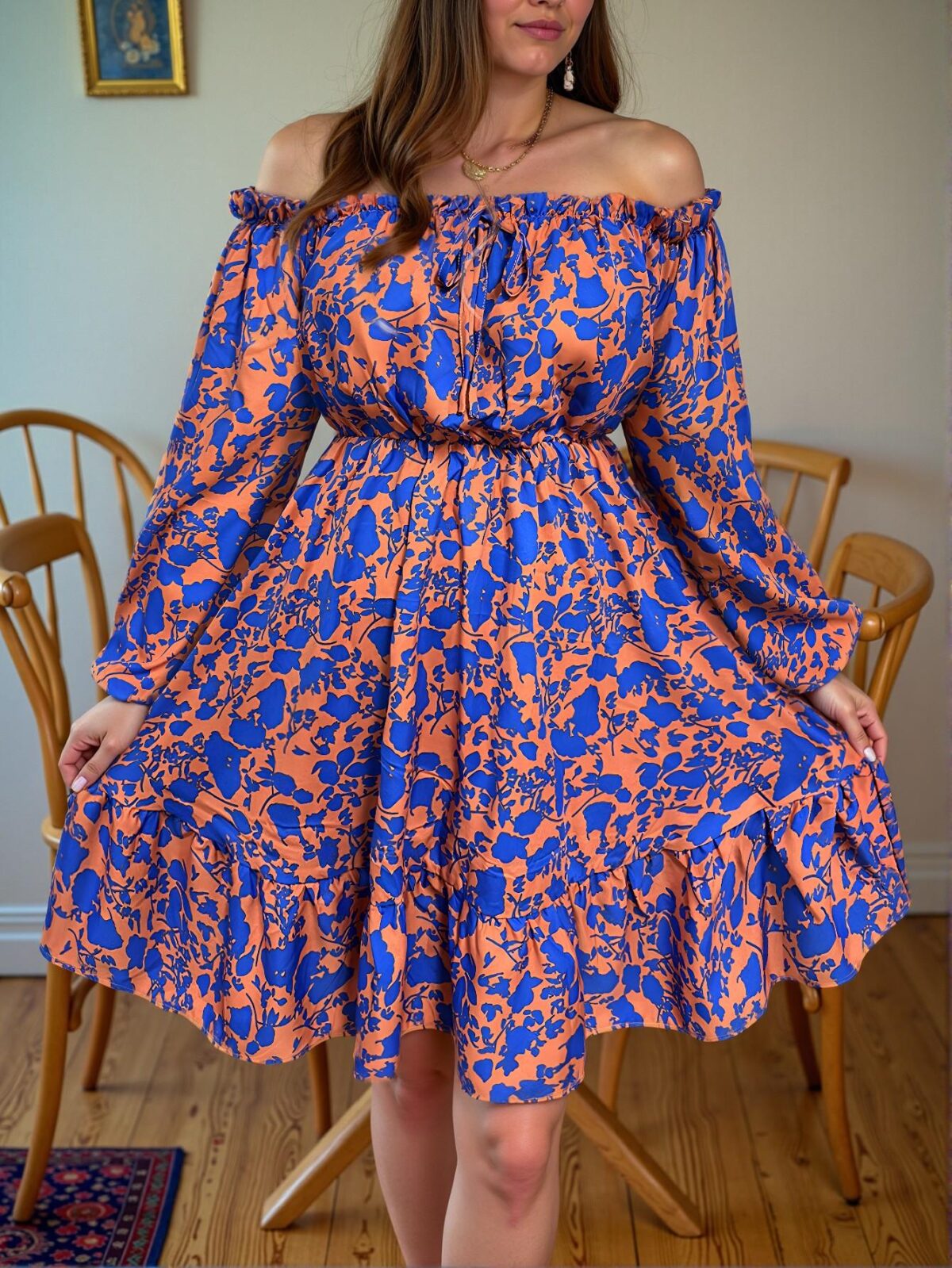 Elegant Orange Bohemian Off-Shoulder Midi Dress with Ruffle Trim for Spring and Summer Getaways - Chic, Classy and Trendy Fashion Style to Dress to Impress - Image 4