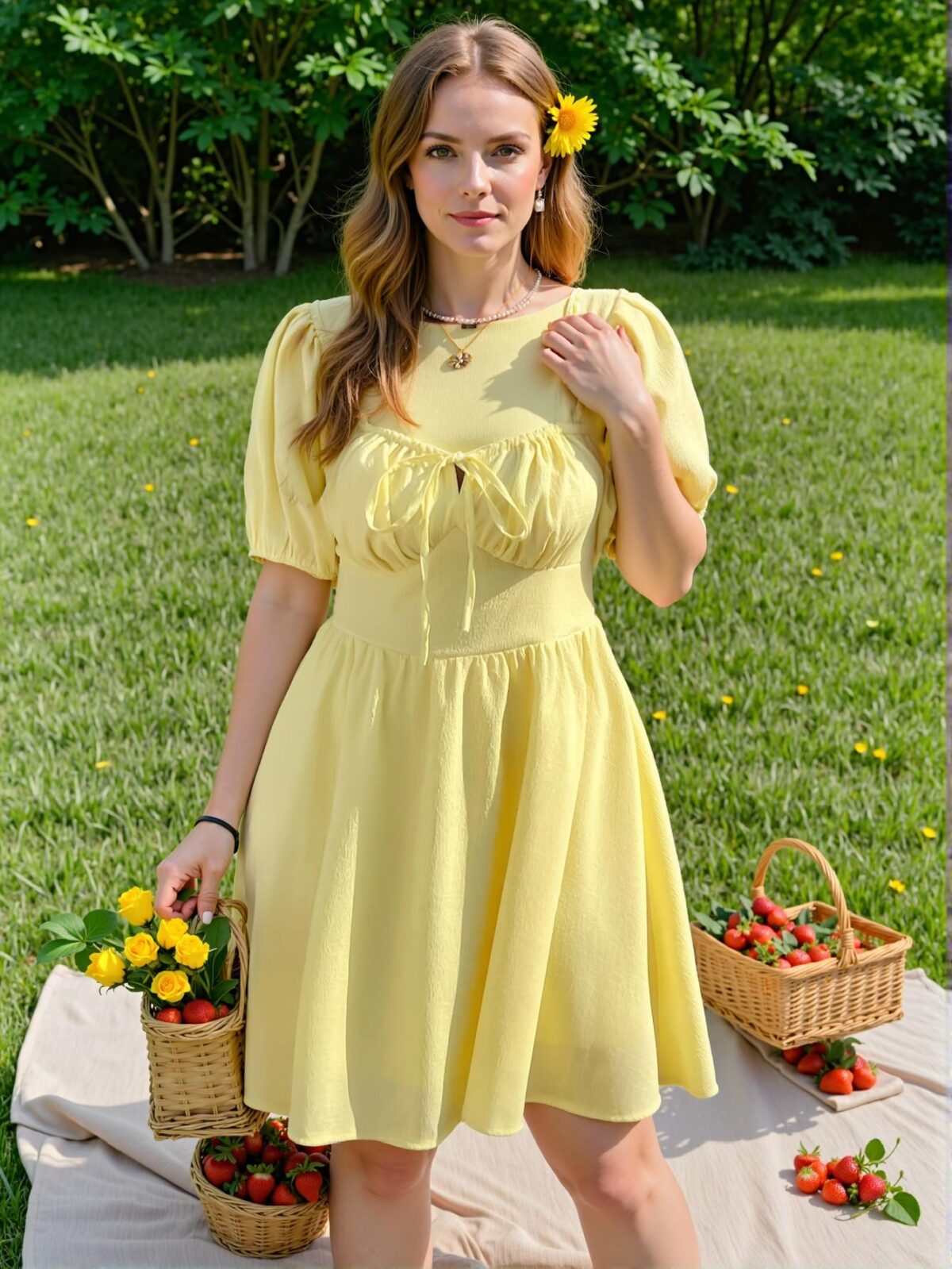 Elegant Yellow Flared A-Line Dress with Puff Sleeves and Tie Waist for Spring/Summer Chic, Classy and Trendy Fashion Style to Dress to Impress