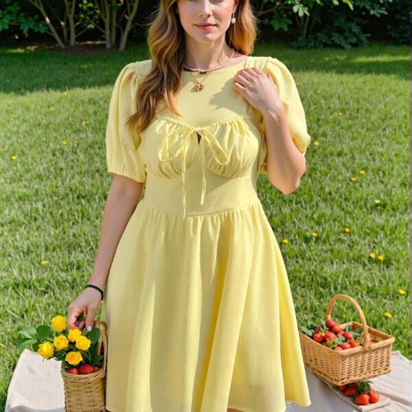 Elegant Yellow Flared A-Line Dress with Puff Sleeves and Tie Waist for Spring/Summer Chic, Classy and Trendy Fashion Style to Dress to Impress