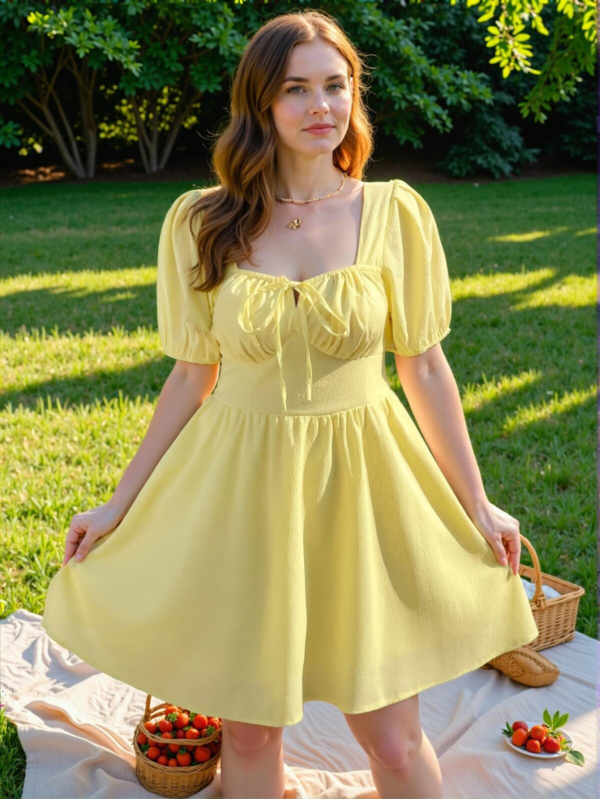 Elegant Yellow Flared A-Line Dress with Puff Sleeves and Tie Waist for Spring/Summer Chic, Classy and Trendy Fashion Style to Dress to Impress - Image 2