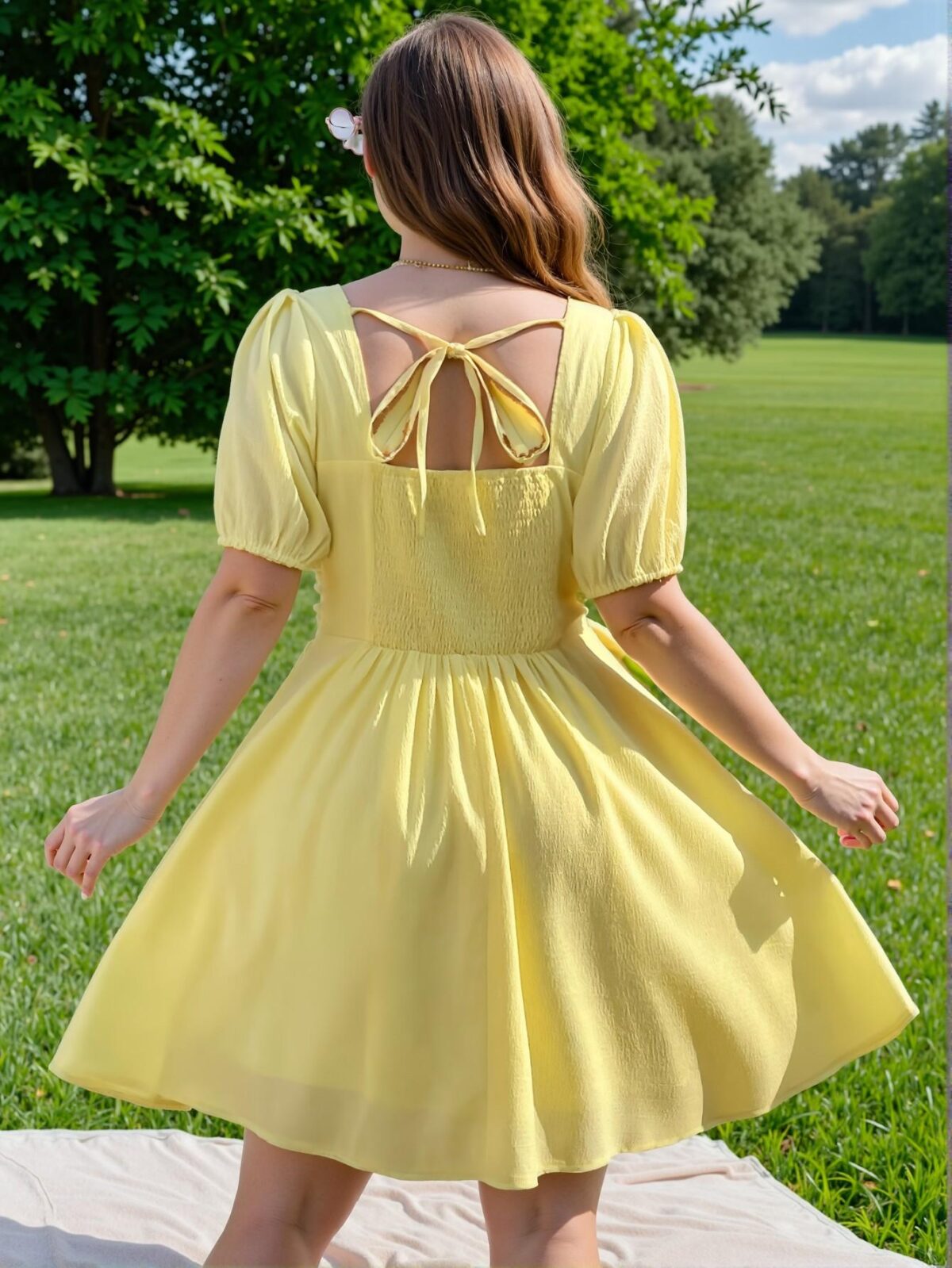 Elegant Yellow Flared A-Line Dress with Puff Sleeves and Tie Waist for Spring/Summer Chic, Classy and Trendy Fashion Style to Dress to Impress - Image 4