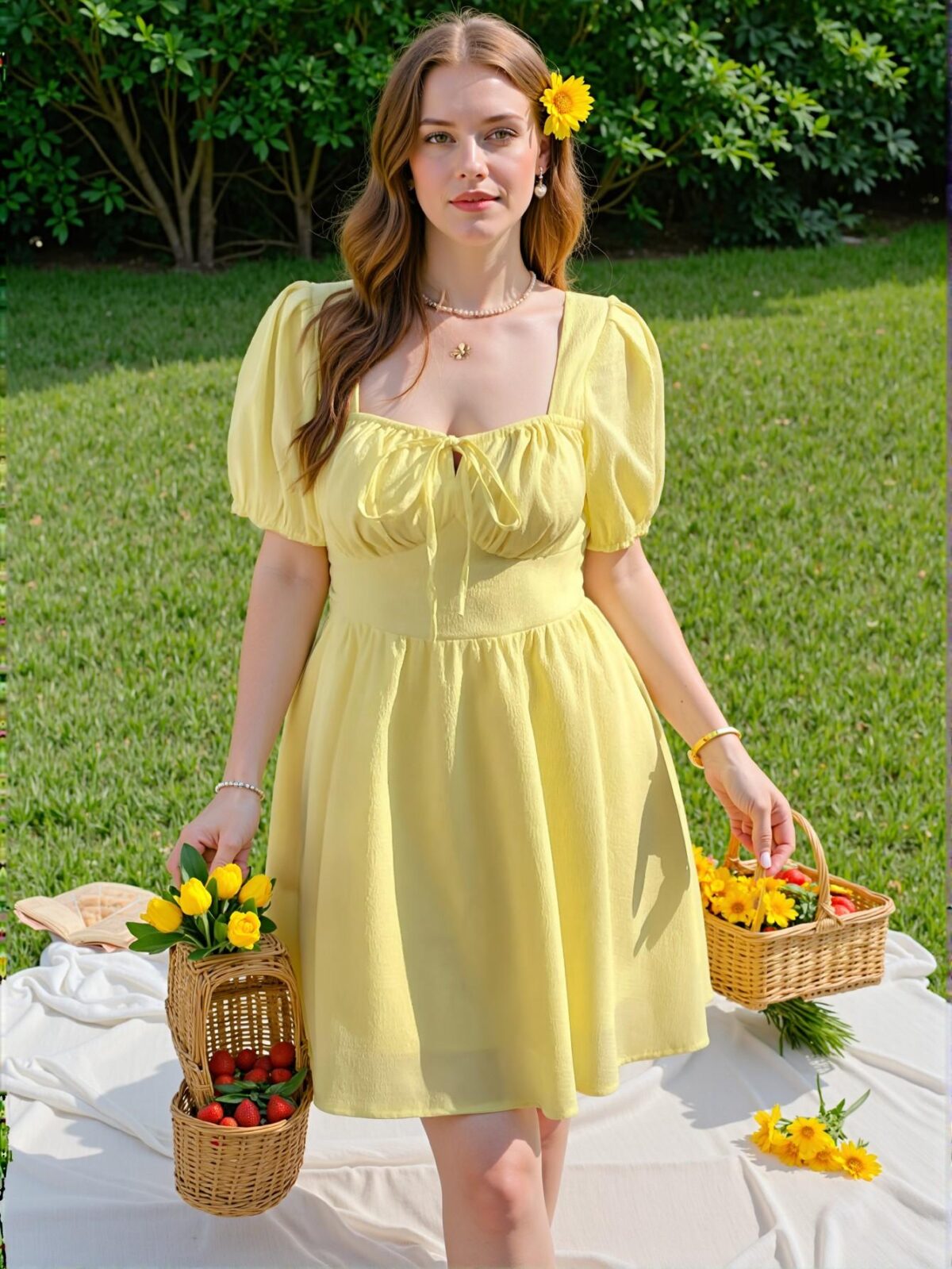 Elegant Yellow Flared A-Line Dress with Puff Sleeves and Tie Waist for Spring/Summer Chic, Classy and Trendy Fashion Style to Dress to Impress - Image 5
