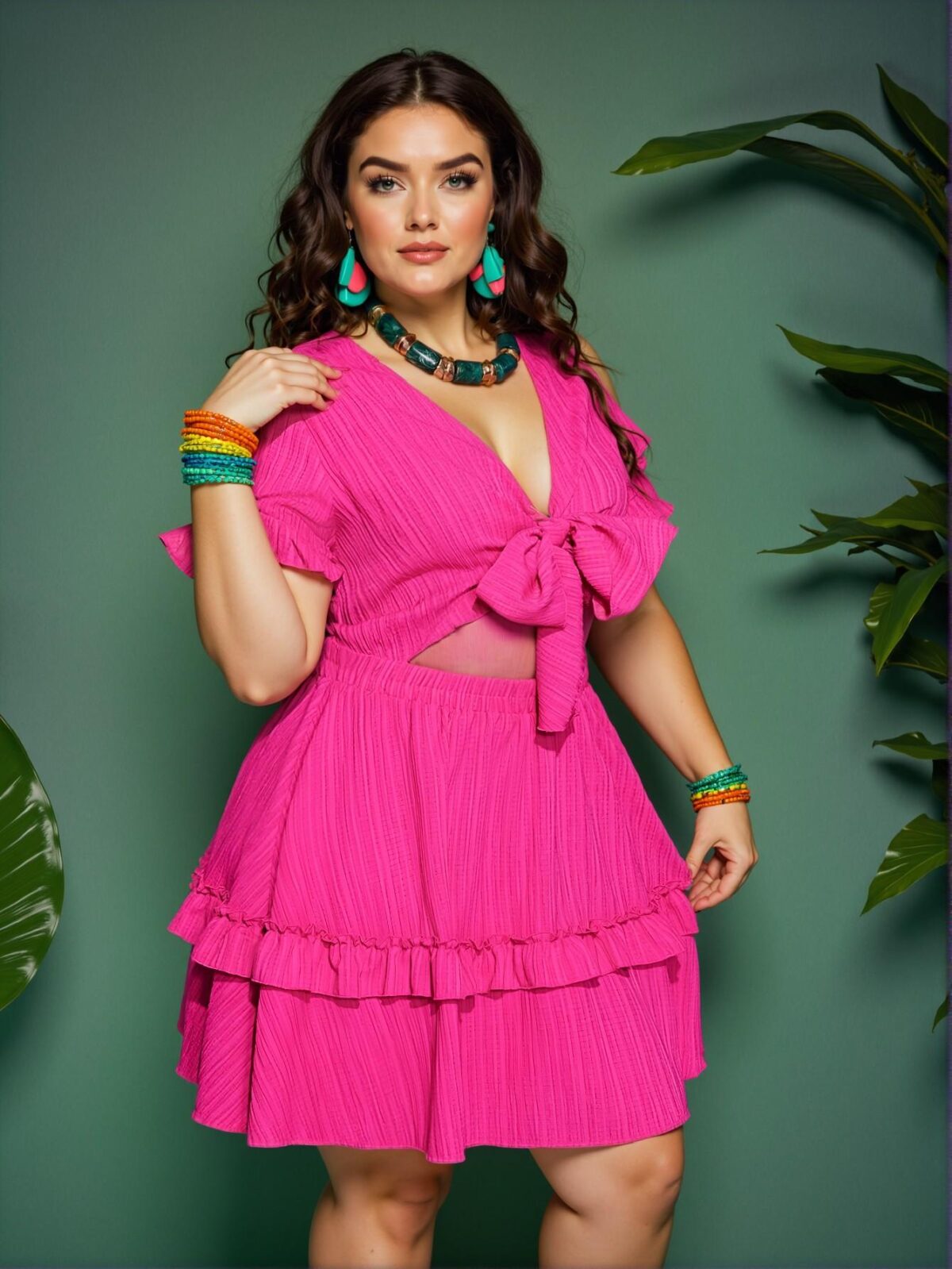 Elegant Hot Pink Charming Bodycon Mini Dress with Ruffle Accents, Tie-Up Chest Detail, and A-Line Hem, Perfect for Casual and Holiday Wear in Plus Sizes for Spring and Summer - Chic, Classy, and Trendy Fashion Style to Dress to Impress - Image 4