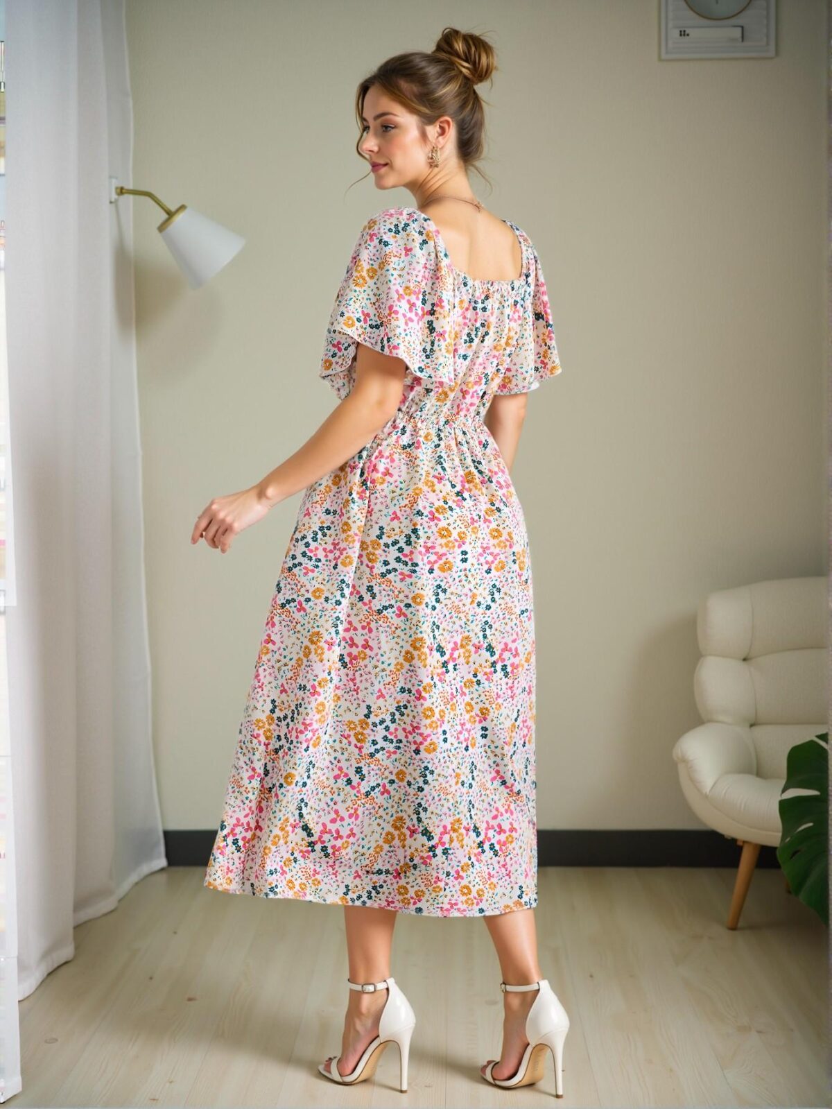 Elegant Multicolor Boho Ruffle Sleeve Dress with Ditsy Floral Print for Spring and Summer - Chic, Classy and Trendy Fashion Style to Dress to Impress - Image 2