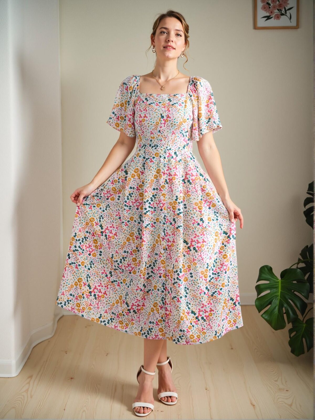 Elegant Multicolor Boho Ruffle Sleeve Dress with Ditsy Floral Print for Spring and Summer - Chic, Classy and Trendy Fashion Style to Dress to Impress - Image 3