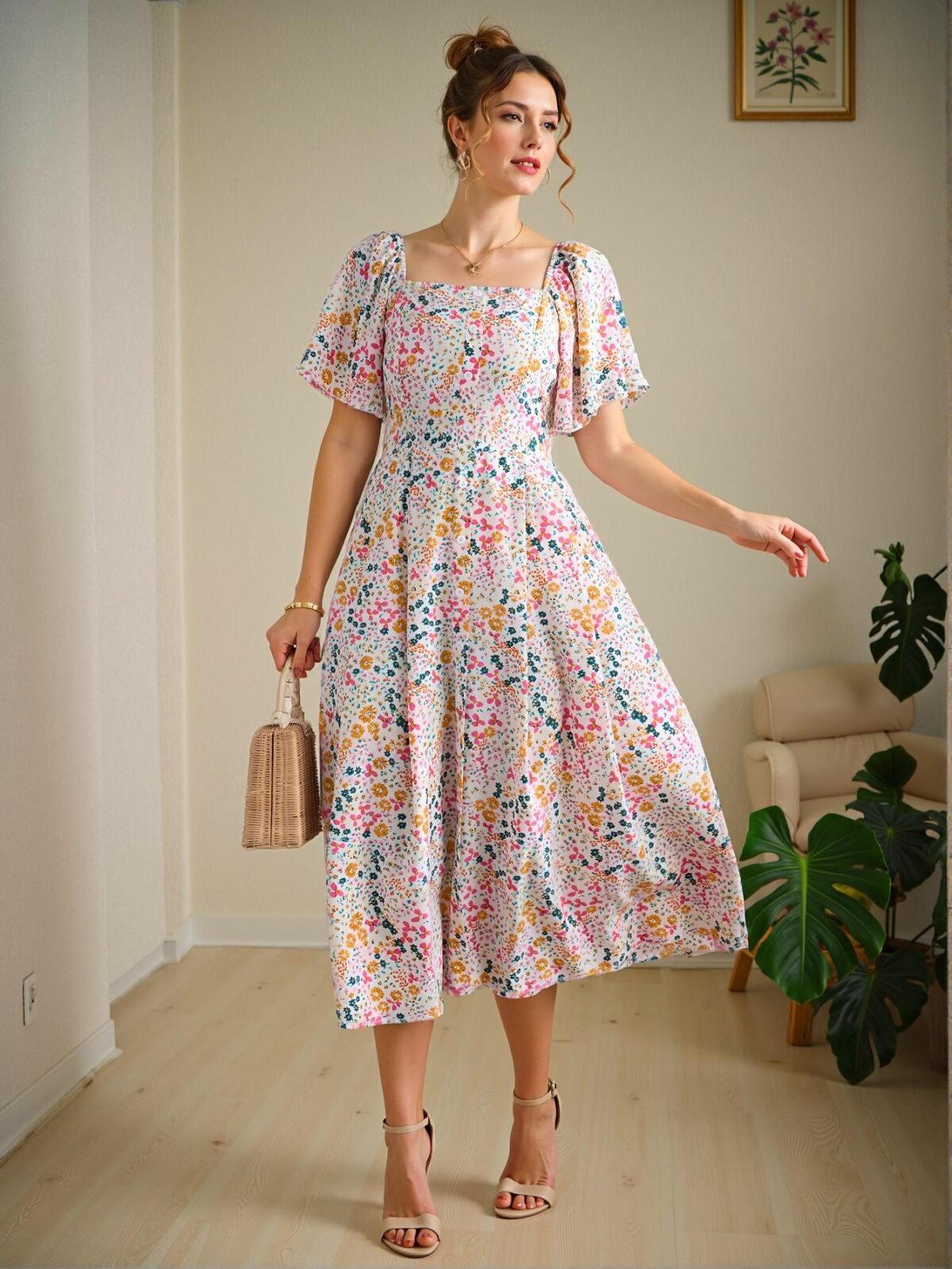 Elegant Multicolor Boho Ruffle Sleeve Dress with Ditsy Floral Print for Spring and Summer - Chic, Classy and Trendy Fashion Style to Dress to Impress - Image 4