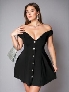 Elegant Black Stylish Cold-Shoulder Front Button Mini Dress for Spring and Summer, Chic, Classy and Trendy Fashion Style to Dress to Impress.