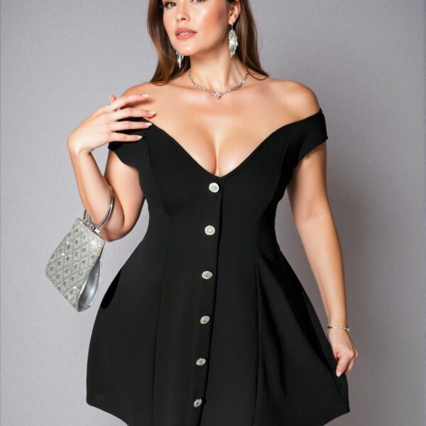 Elegant Black Stylish Cold-Shoulder Front Button Mini Dress for Spring and Summer, Chic, Classy and Trendy Fashion Style to Dress to Impress.