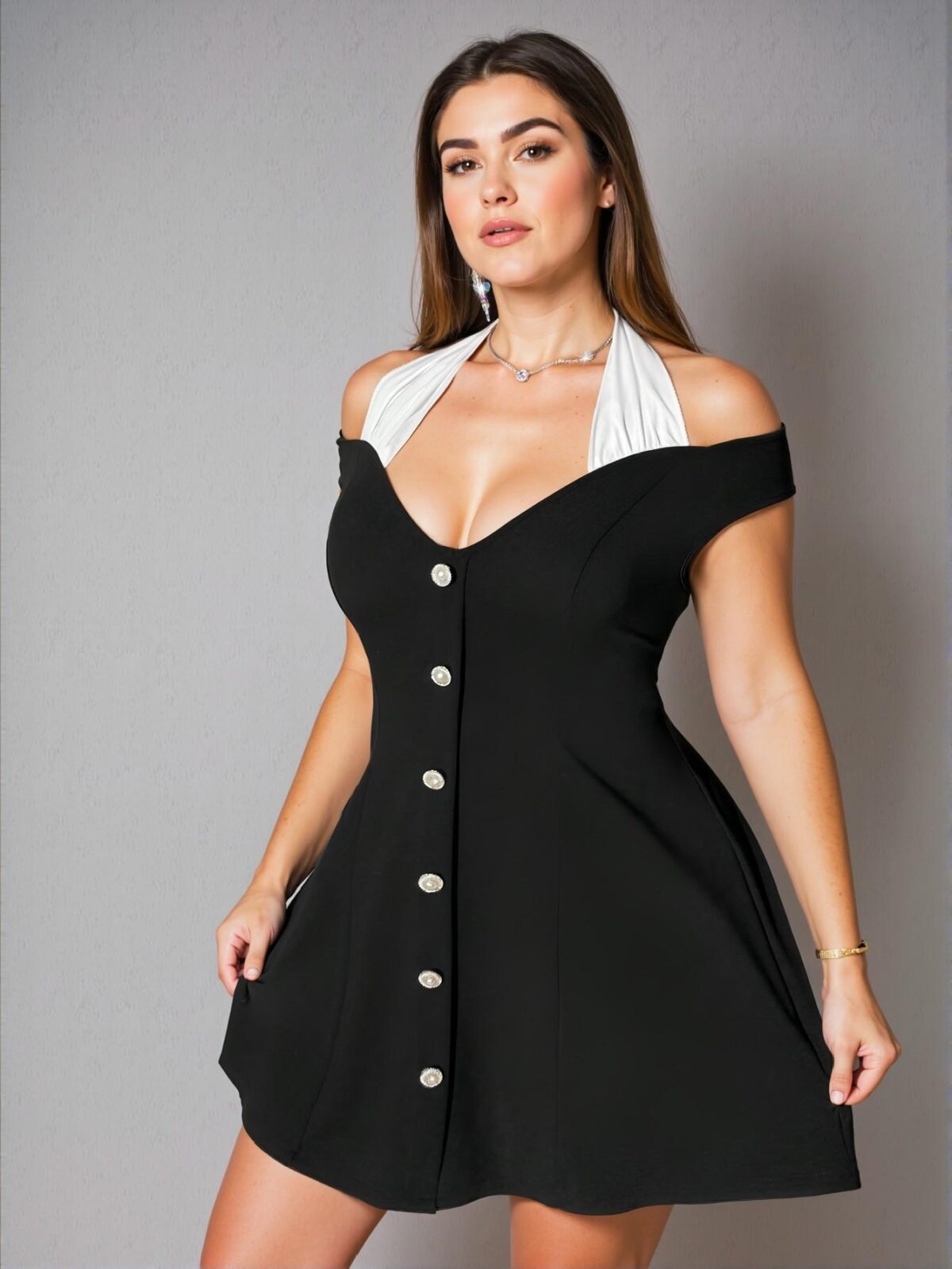 Elegant Black Stylish Cold-Shoulder Front Button Mini Dress for Spring and Summer, Chic, Classy and Trendy Fashion Style to Dress to Impress. - Image 2