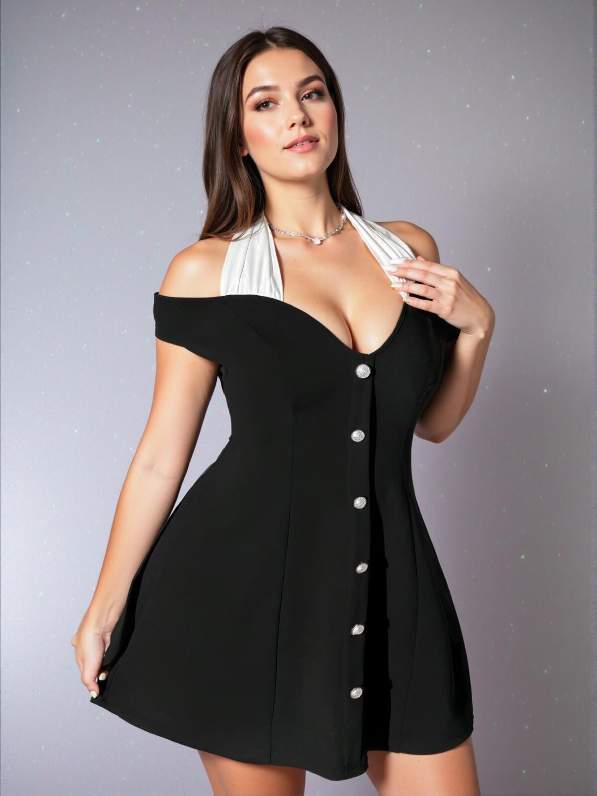 Elegant Black Stylish Cold-Shoulder Front Button Mini Dress for Spring and Summer, Chic, Classy and Trendy Fashion Style to Dress to Impress. - Image 3