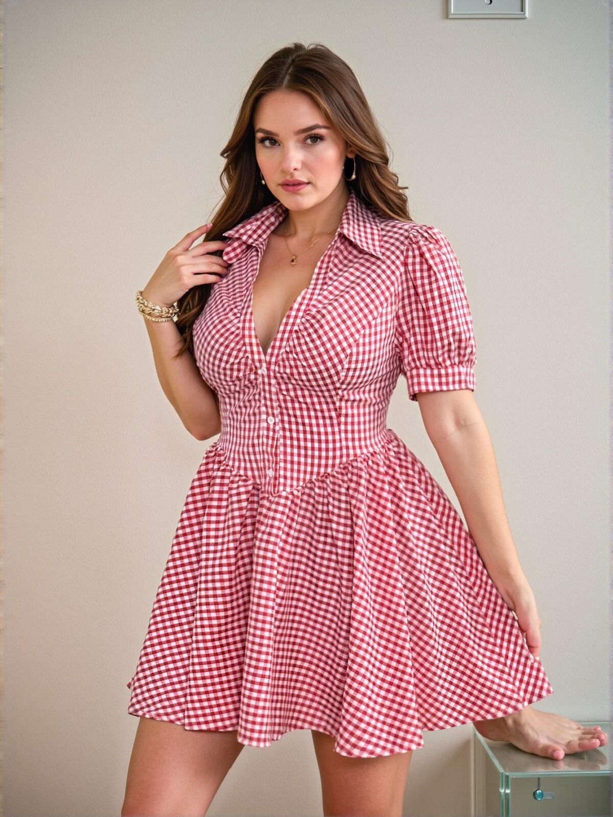 Elegant Red and White Relaxed Fit Plaid Puff Sleeve Mini Dress for Spring and Summer Chic, Classy and Trendy Fashion Style to Dress to Impress - Image 2