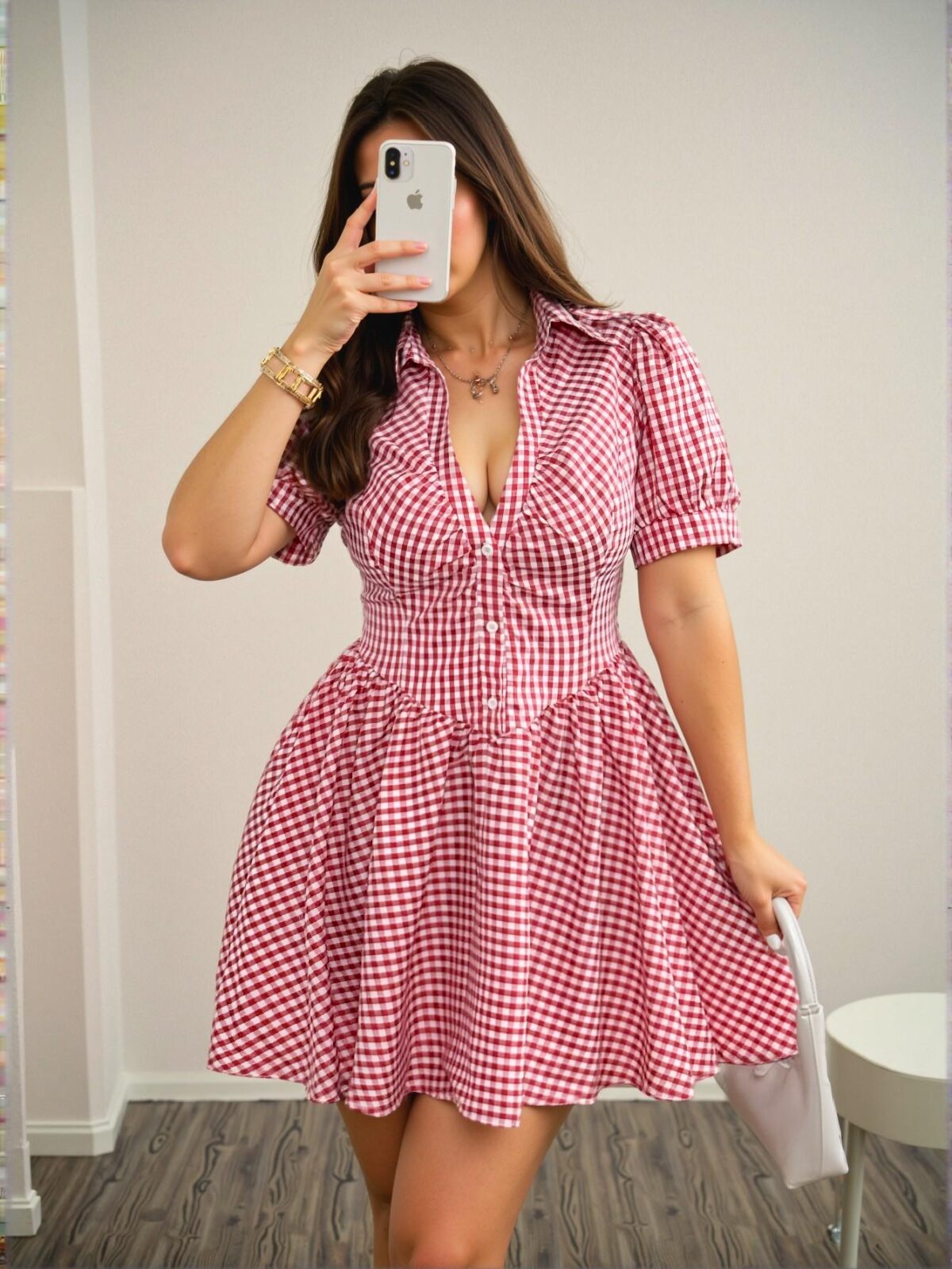 Elegant Red and White Relaxed Fit Plaid Puff Sleeve Mini Dress for Spring and Summer Chic, Classy and Trendy Fashion Style to Dress to Impress - Image 4