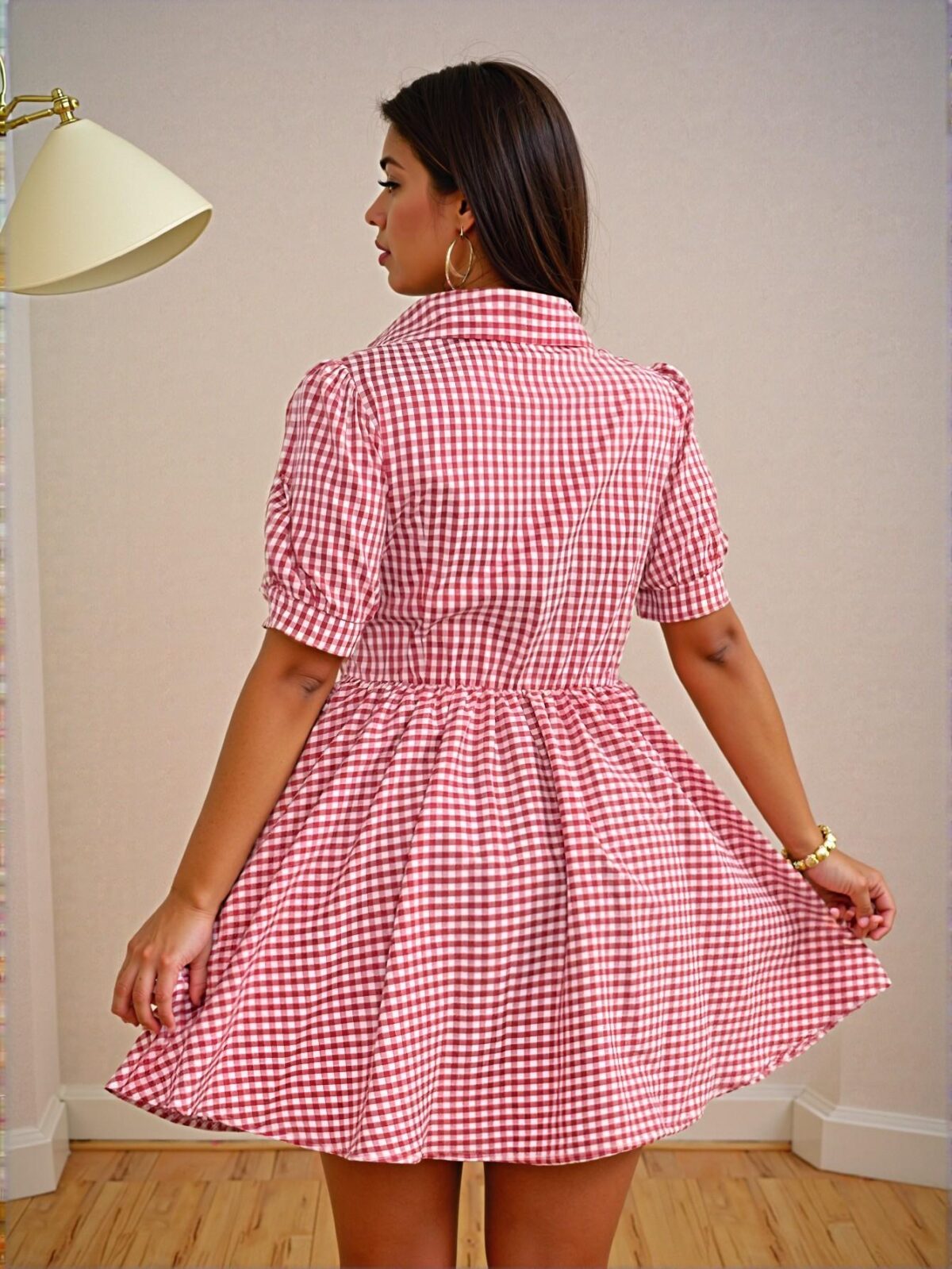 Elegant Red and White Relaxed Fit Plaid Puff Sleeve Mini Dress for Spring and Summer Chic, Classy and Trendy Fashion Style to Dress to Impress - Image 5