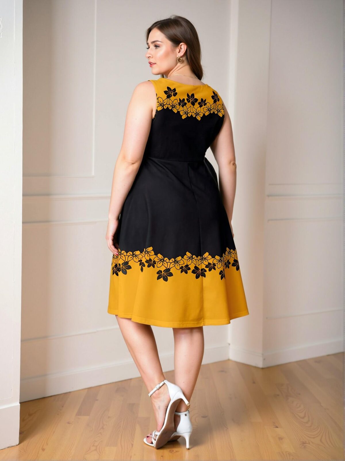 Elegant Yellow Flared A-Line Floral Print Dress Perfect for Spring and Summer - Chic, Classy and Trendy Fashion Style to Dress to Impress - Image 2