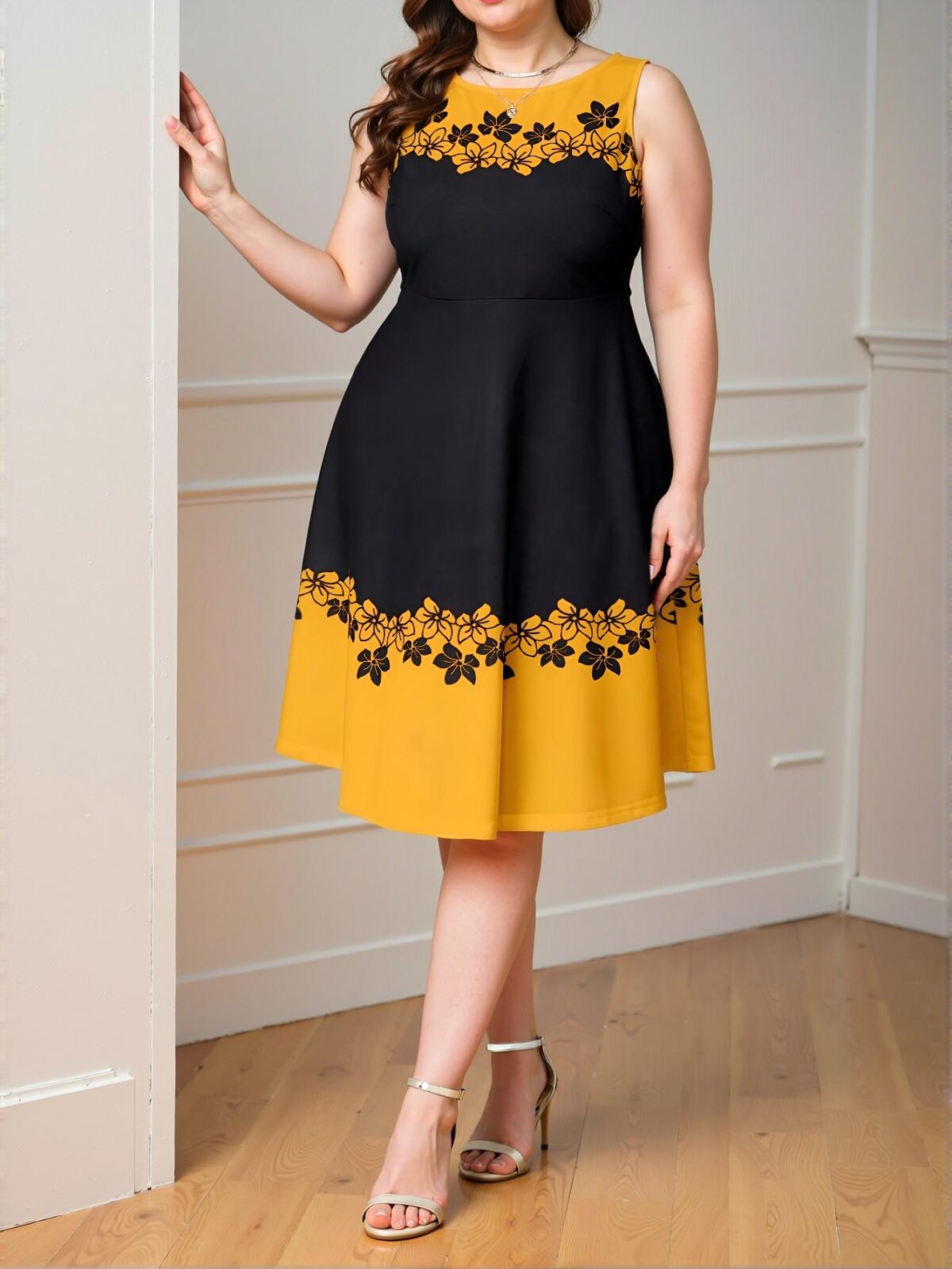 Elegant Yellow Flared A-Line Floral Print Dress Perfect for Spring and Summer - Chic, Classy and Trendy Fashion Style to Dress to Impress - Image 4