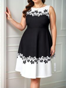 Elegant Black and White Flared A-Line Floral Dress Perfect for Spring and Summer Chic, Classy and Trendy Fashion Style to Dress to Impress