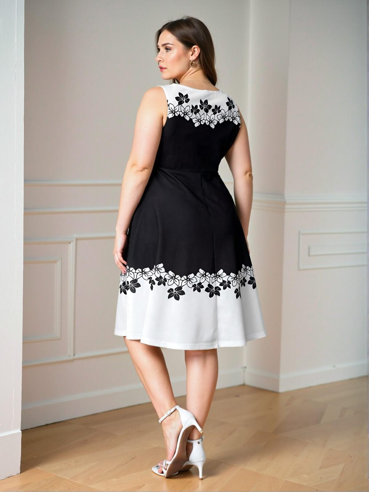Elegant Black and White Flared A-Line Floral Dress Perfect for Spring and Summer Chic, Classy and Trendy Fashion Style to Dress to Impress - Image 2