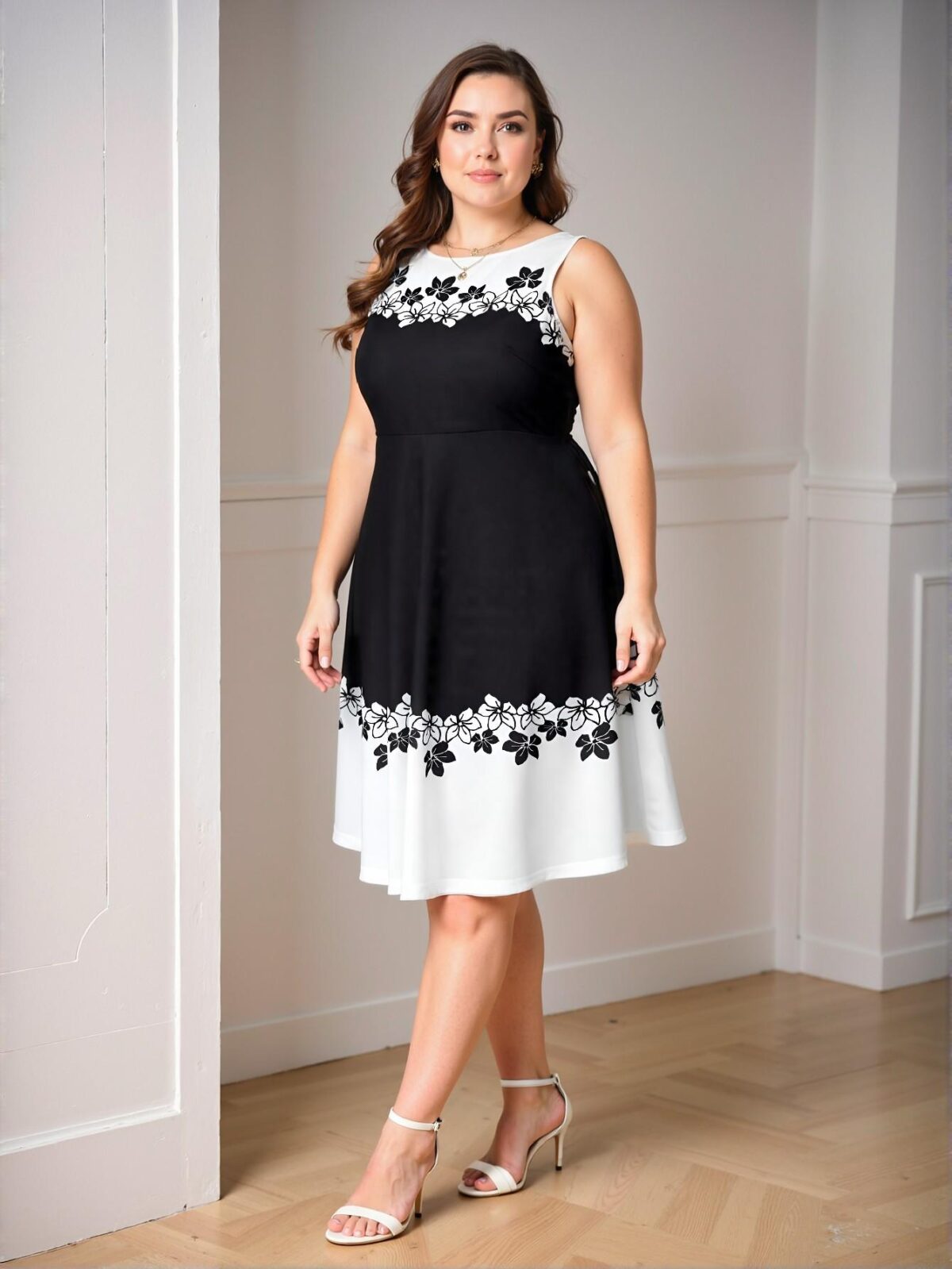 Elegant Black and White Flared A-Line Floral Dress Perfect for Spring and Summer Chic, Classy and Trendy Fashion Style to Dress to Impress - Image 5