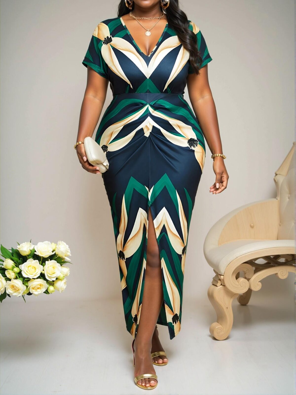 Elegant Multicolor Stylish V-Neck Short Sleeve A-Line Dress with Ruched Details Perfect for Summer Celebrations and Business Casual Occasions Chic, Classy and Trendy Fashion Style to Dress to Impress