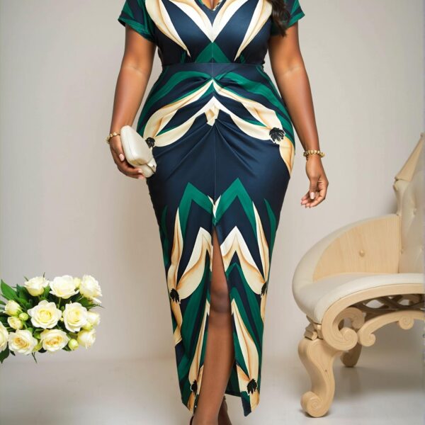 Elegant Multicolor Stylish V-Neck Short Sleeve A-Line Dress with Ruched Details Perfect for Summer Celebrations and Business Casual Occasions Chic, Classy and Trendy Fashion Style to Dress to Impress