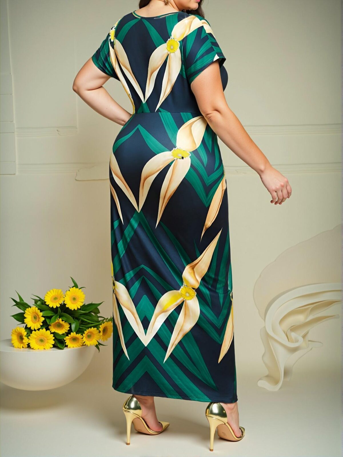 Elegant Multicolor Stylish V-Neck Short Sleeve A-Line Dress with Ruched Details Perfect for Summer Celebrations and Business Casual Occasions Chic, Classy and Trendy Fashion Style to Dress to Impress - Image 2