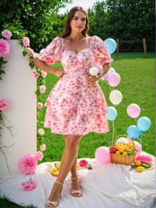 Elegant Multicolor Floral Print Sweetheart Neck Puff Sleeve A-Line Dress for Spring and Summer Chic, Classy and Trendy Fashion Style to Dress to Impress