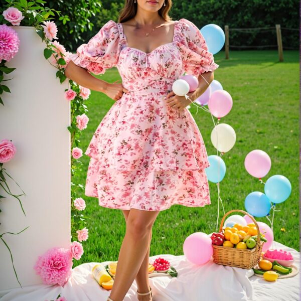 Elegant Multicolor Floral Print Sweetheart Neck Puff Sleeve A-Line Dress for Spring and Summer Chic, Classy and Trendy Fashion Style to Dress to Impress