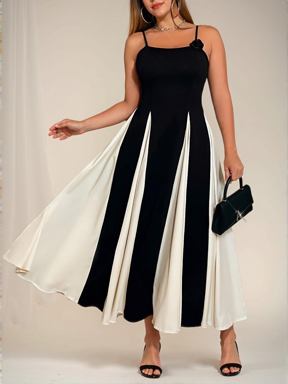 Elegant Black and White Color-Block Floral Maxi Dress for Plus Size Women - Perfect for Spring and Summer Events - Chic, Classy and Trendy Fashion Style to Dress to Impress - Image 3