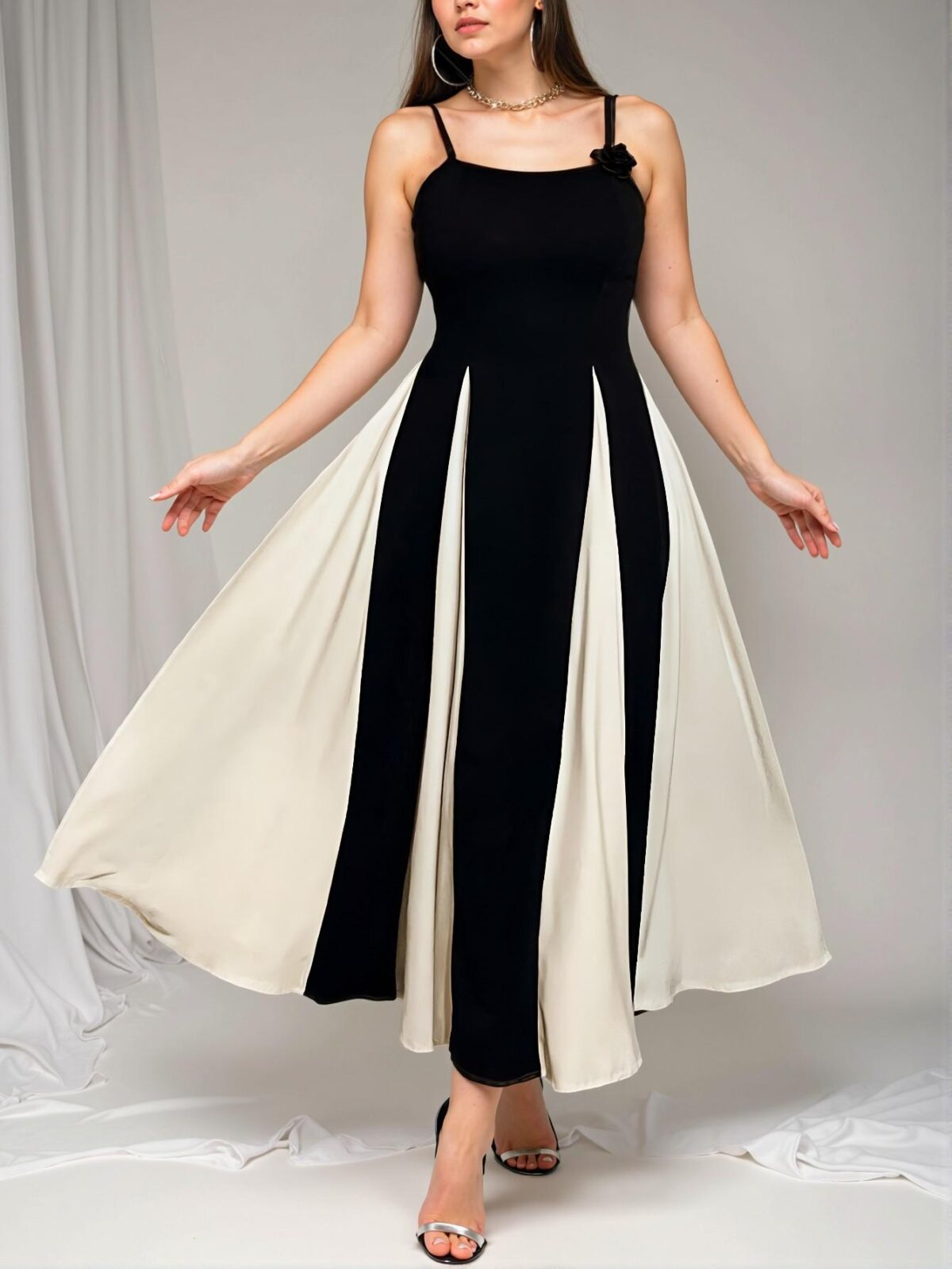 Elegant Black and White Color-Block Floral Maxi Dress for Plus Size Women - Perfect for Spring and Summer Events - Chic, Classy and Trendy Fashion Style to Dress to Impress - Image 4