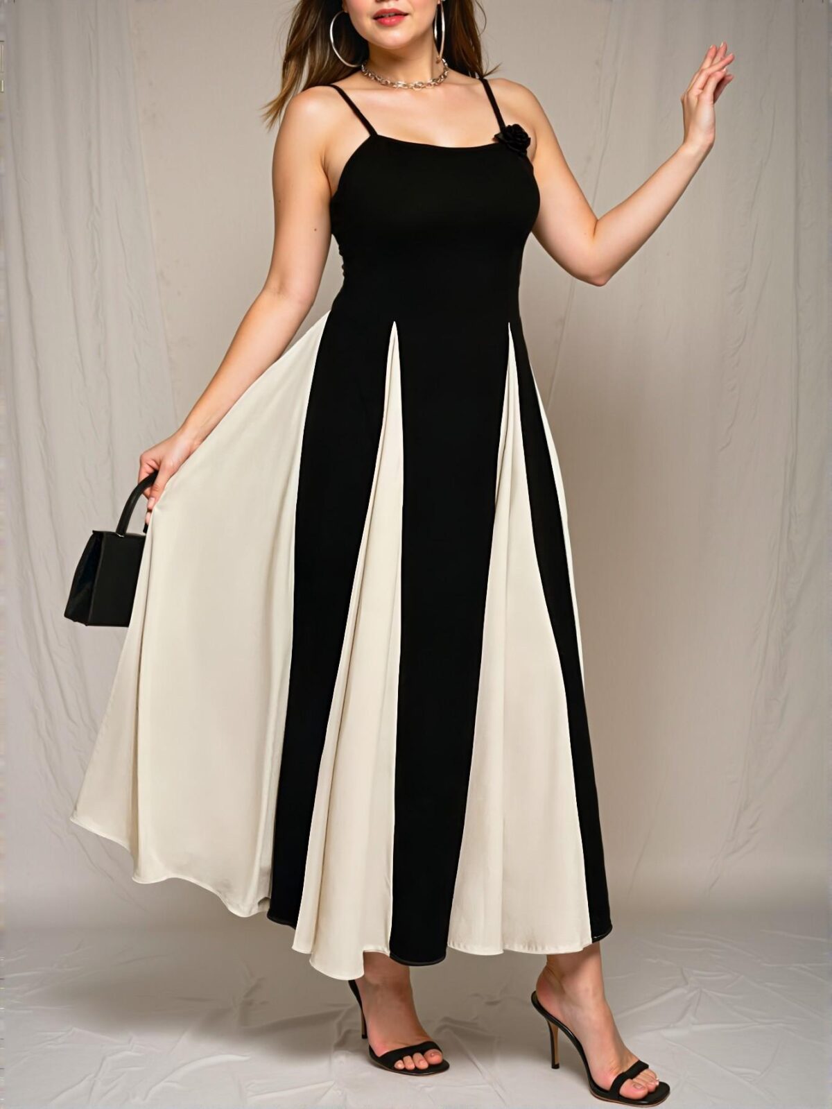 Elegant Black and White Color-Block Floral Maxi Dress for Plus Size Women - Perfect for Spring and Summer Events - Chic, Classy and Trendy Fashion Style to Dress to Impress - Image 5