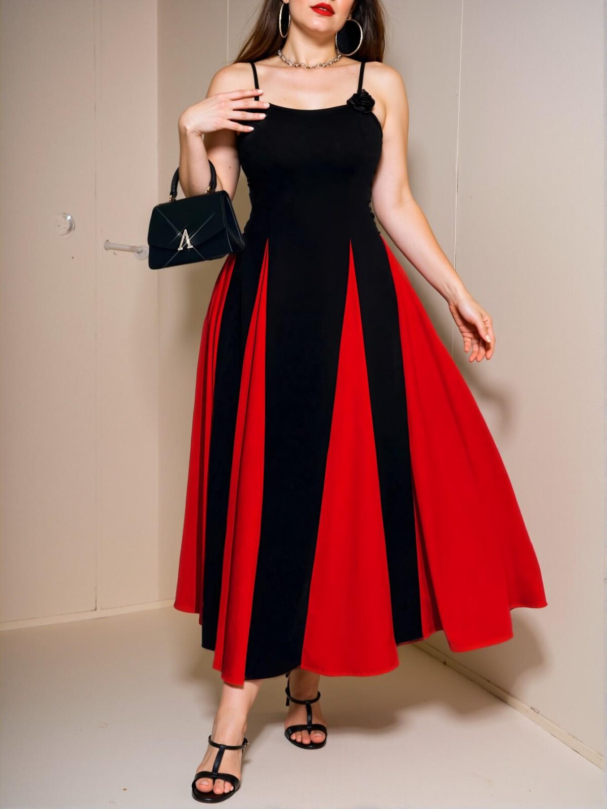Elegant Red Contrasting 3D Flower Pattern Sleeveless Long Dress for a Chic Spring/Summer Look - Classy and Trendy Fashion Style to Dress to Impress - Image 3