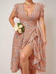 Elegant Pink Flouncy Sleeve Ditsy Floral A-Line Woven Dress for Warm Weather Chic, Classy and Trendy Fashion Style to Dress to Impress