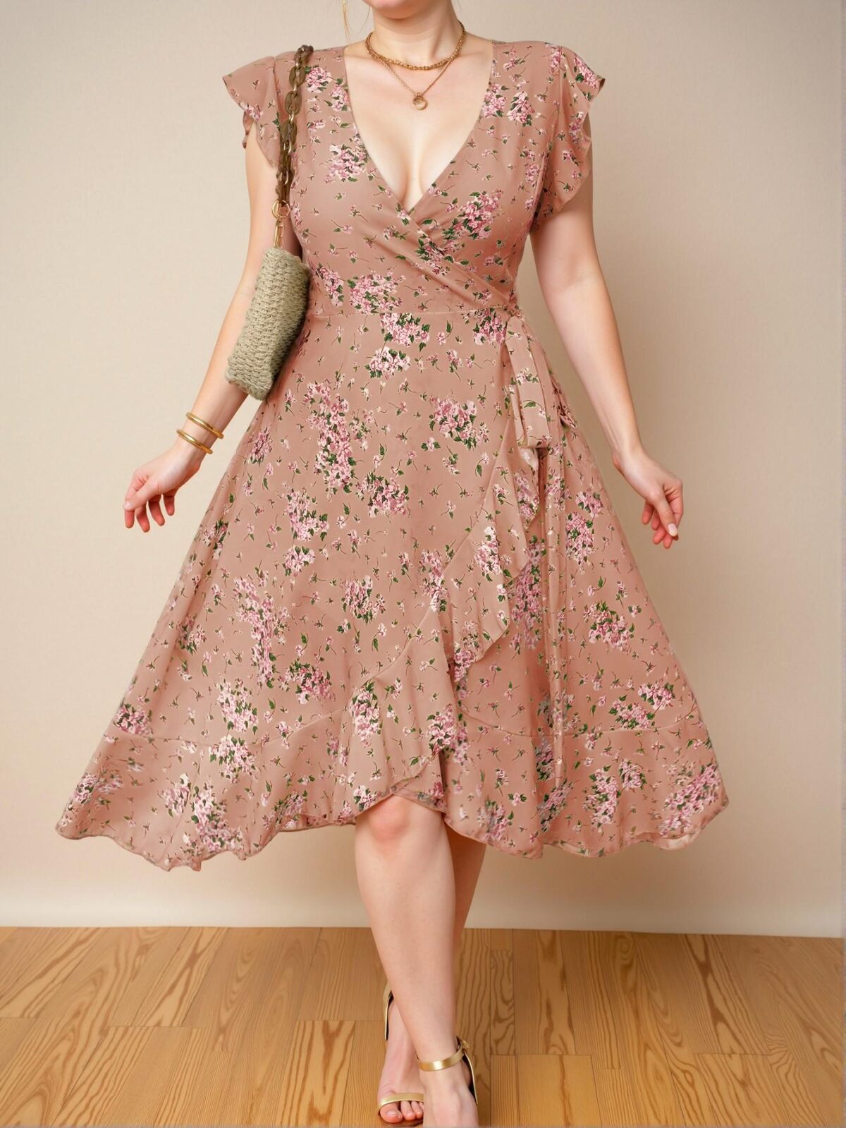 Elegant Pink Flouncy Sleeve Ditsy Floral A-Line Woven Dress for Warm Weather Chic, Classy and Trendy Fashion Style to Dress to Impress - Image 4