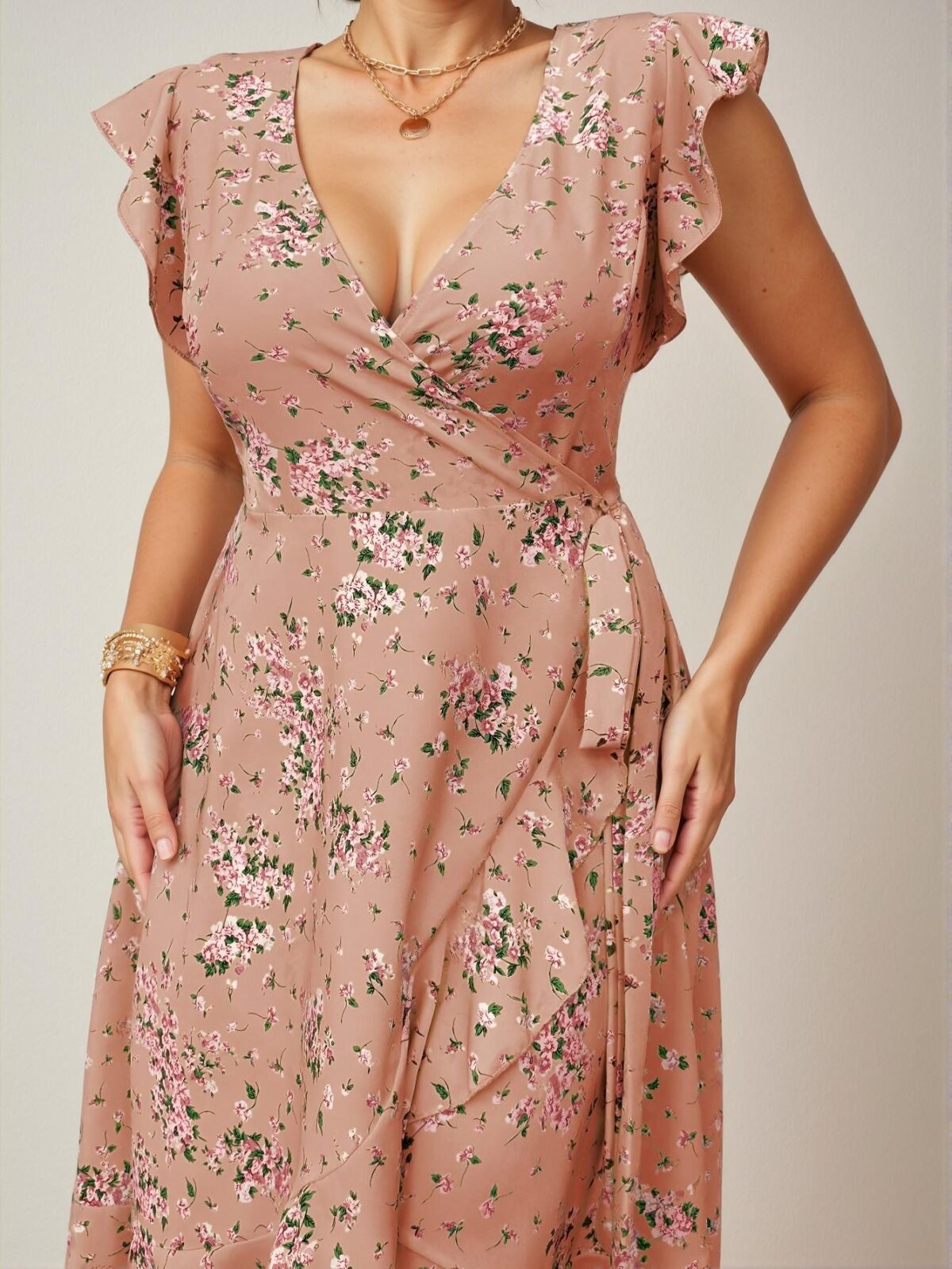 Elegant Pink Flouncy Sleeve Ditsy Floral A-Line Woven Dress for Warm Weather Chic, Classy and Trendy Fashion Style to Dress to Impress - Image 5