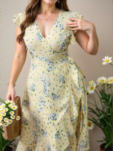 Elegant Multicolor Playful Floral Cinched Waist Flare Midi Dress for Spring and Summer Chic, Classy, and Trendy Fashion Style to Dress to Impress