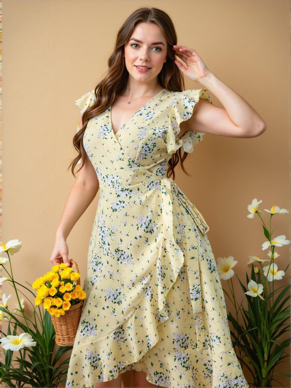 Elegant Multicolor Playful Floral Cinched Waist Flare Midi Dress for Spring and Summer Chic, Classy, and Trendy Fashion Style to Dress to Impress - Image 3