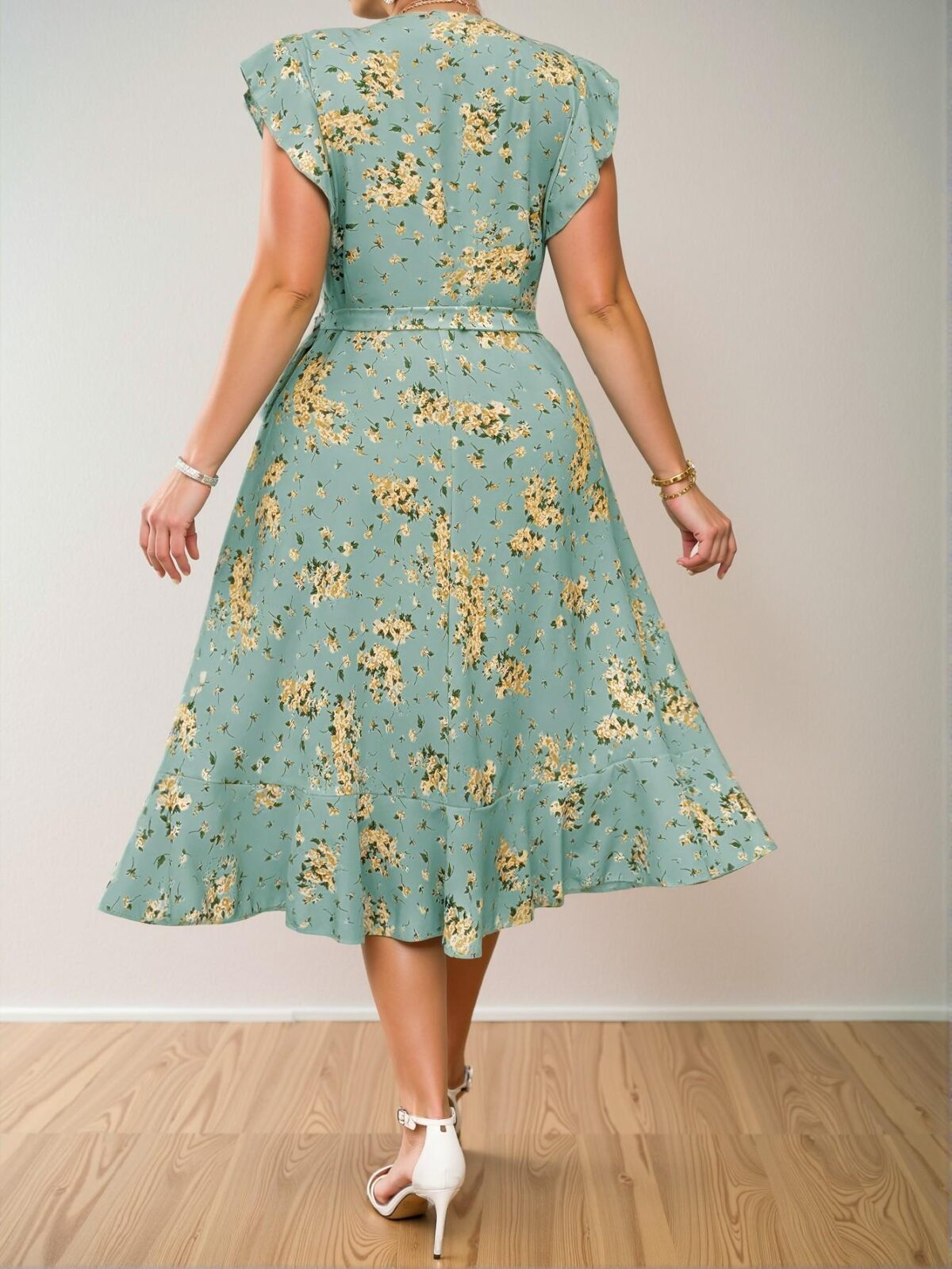 Elegant Blue Flounced Sleeve A-Line Floral Dress for Spring and Summer - Chic, Classy and Trendy Fashion Style to Dress to Impress - Image 2