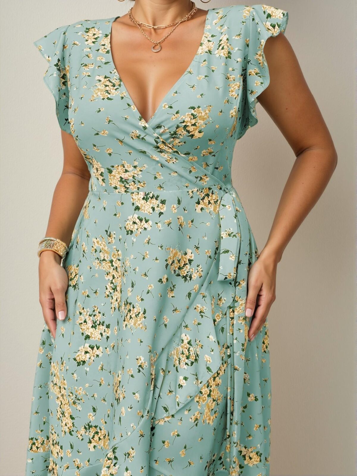 Elegant Blue Flounced Sleeve A-Line Floral Dress for Spring and Summer - Chic, Classy and Trendy Fashion Style to Dress to Impress - Image 3
