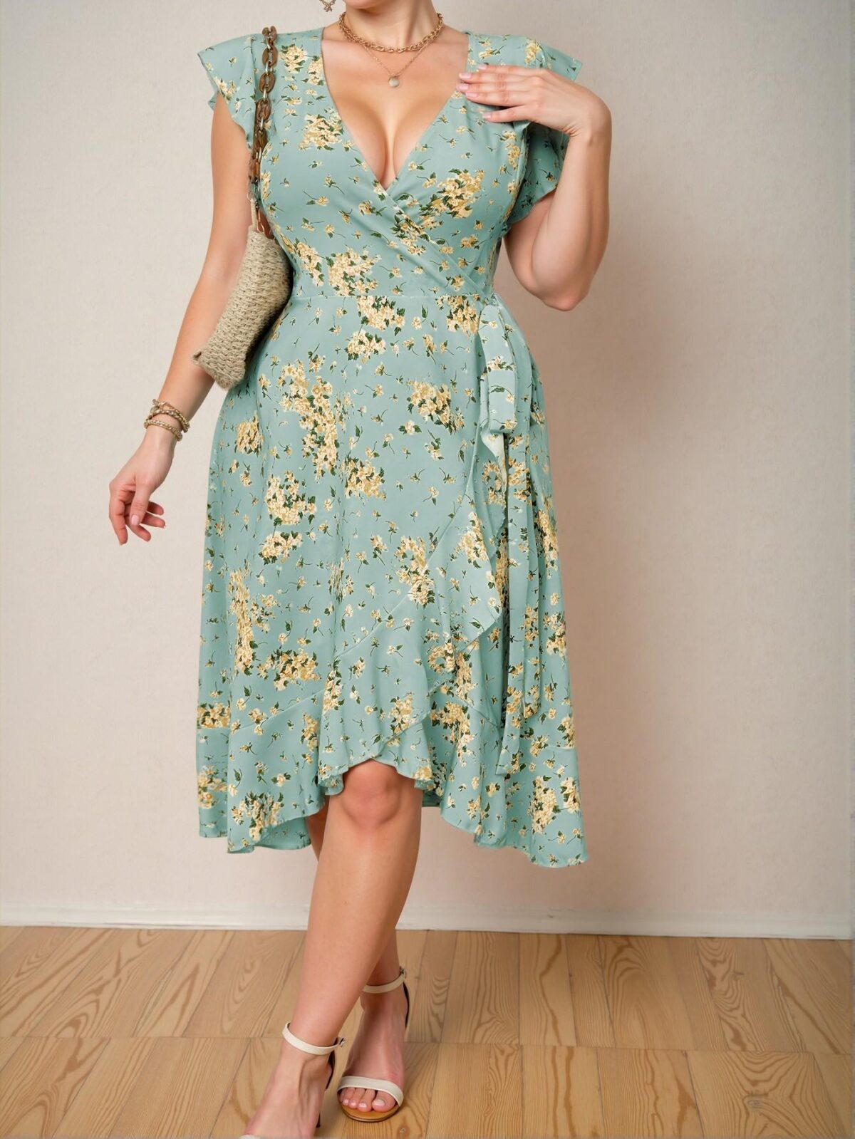 Elegant Blue Flounced Sleeve A-Line Floral Dress for Spring and Summer - Chic, Classy and Trendy Fashion Style to Dress to Impress - Image 4