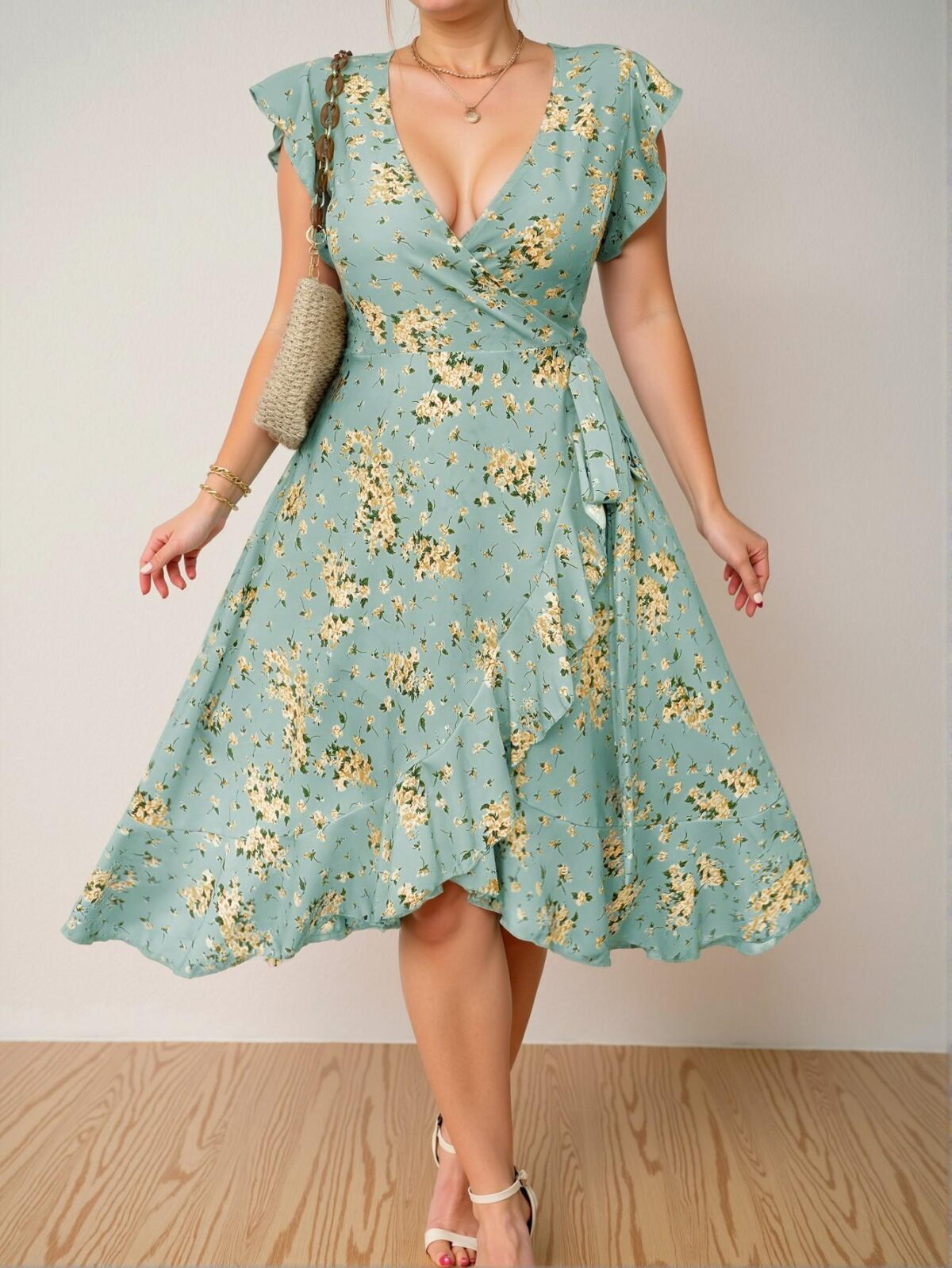 Elegant Blue Flounced Sleeve A-Line Floral Dress for Spring and Summer - Chic, Classy and Trendy Fashion Style to Dress to Impress - Image 5