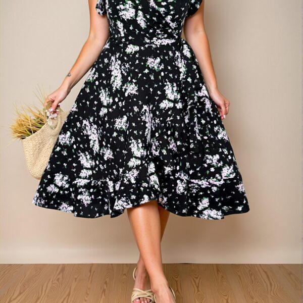 Elegant Black Flounce Sleeve Floral A-Line Dress with Ruffle and Knot Details for Spring and Summer - Chic, Classy and Trendy Fashion Style to Dress to Impress.