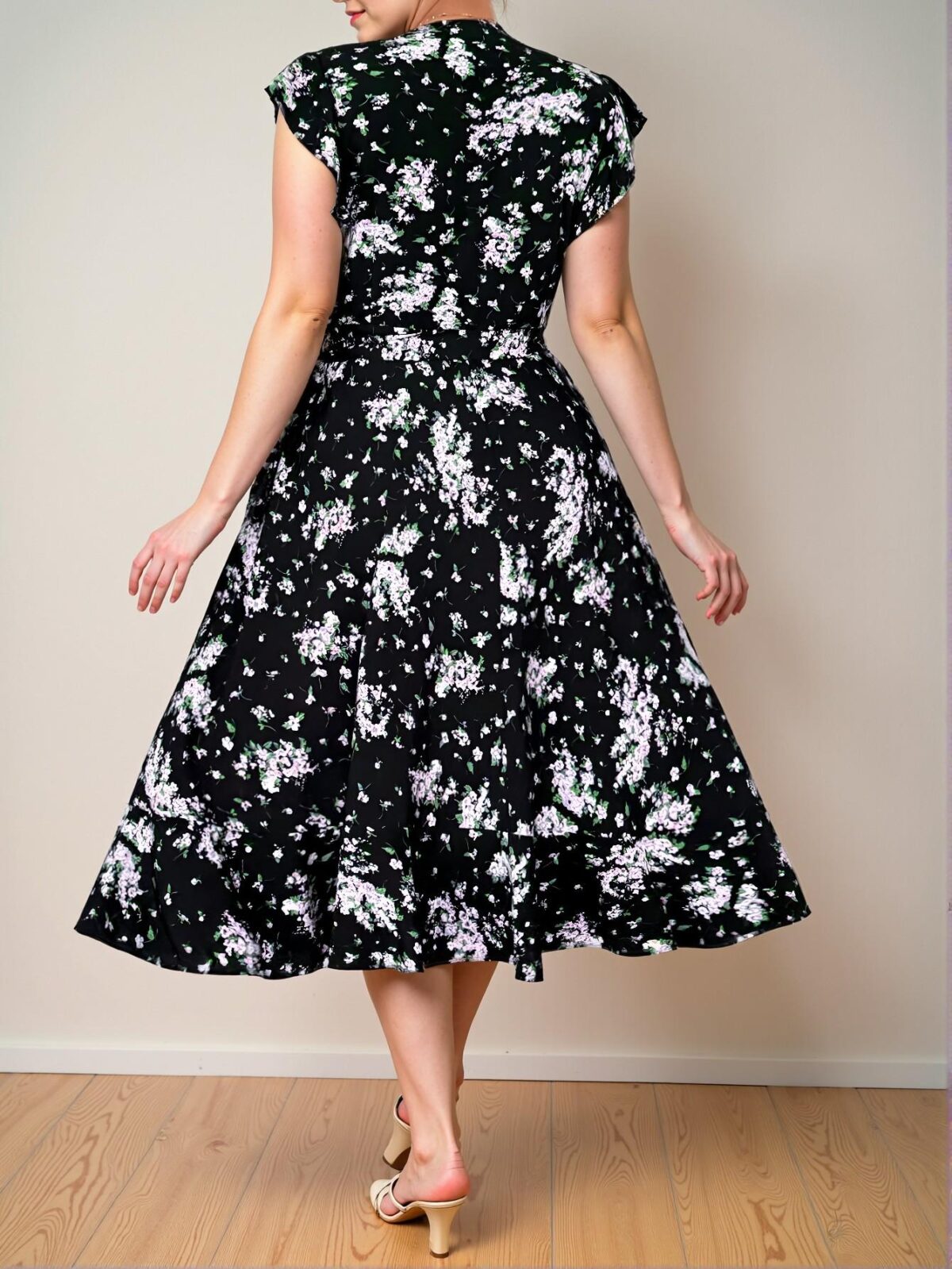 Elegant Black Flounce Sleeve Floral A-Line Dress with Ruffle and Knot Details for Spring and Summer - Chic, Classy and Trendy Fashion Style to Dress to Impress. - Image 2
